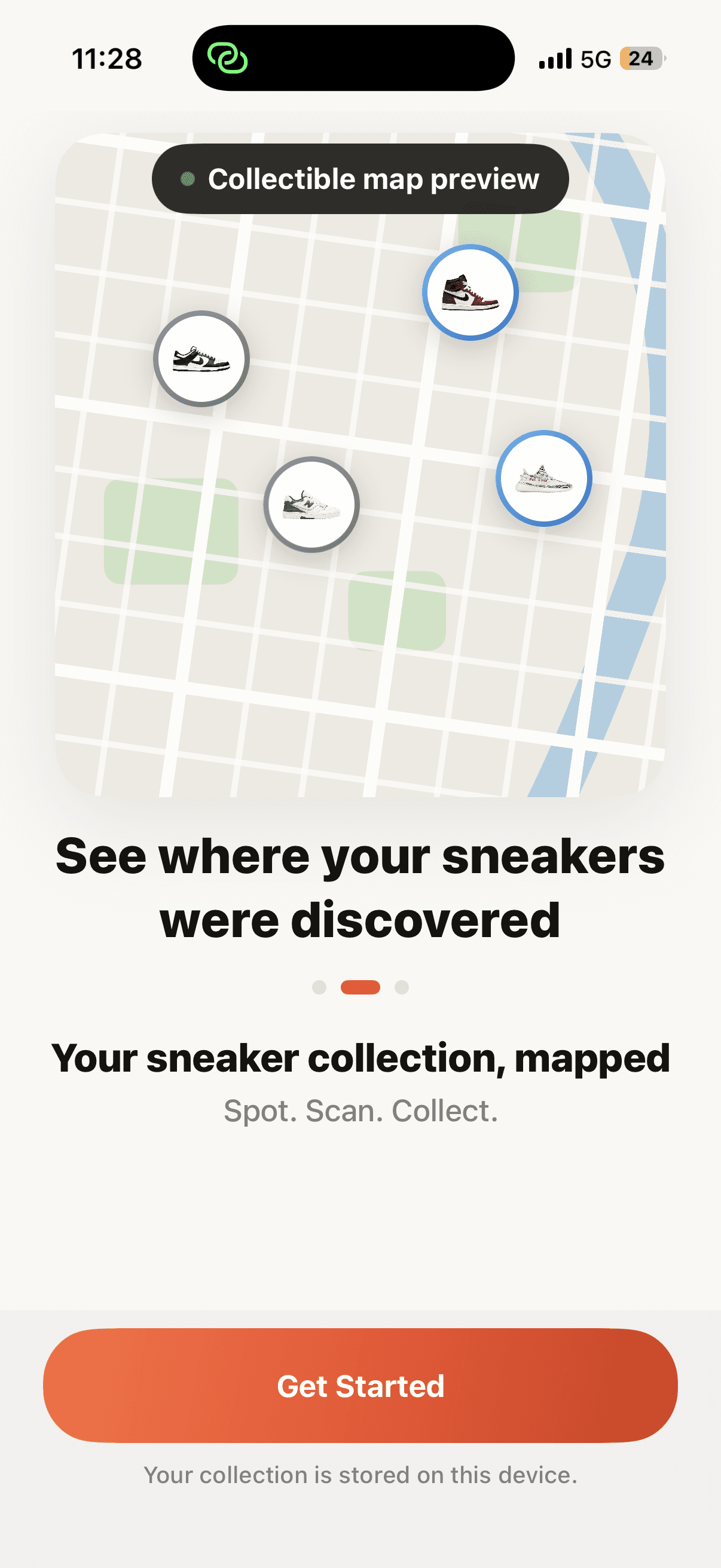 Sneaker Scout collectible map onboarding screen